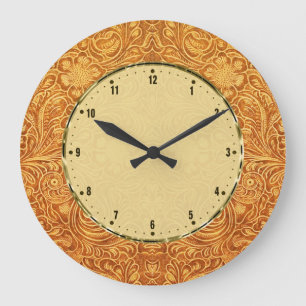 Brown Floral Design Leather Look Touch Of Gold Large Clock