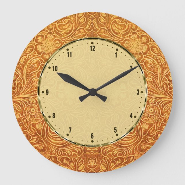 Brown Floral Design Leather Look Touch Of Gold Large Clock (Front)