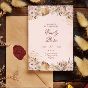 Brown Floral Elegant Decorative Christian Baptism Invitation
