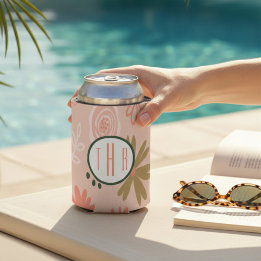 Brown Floral Monogram Foam Can Cooler