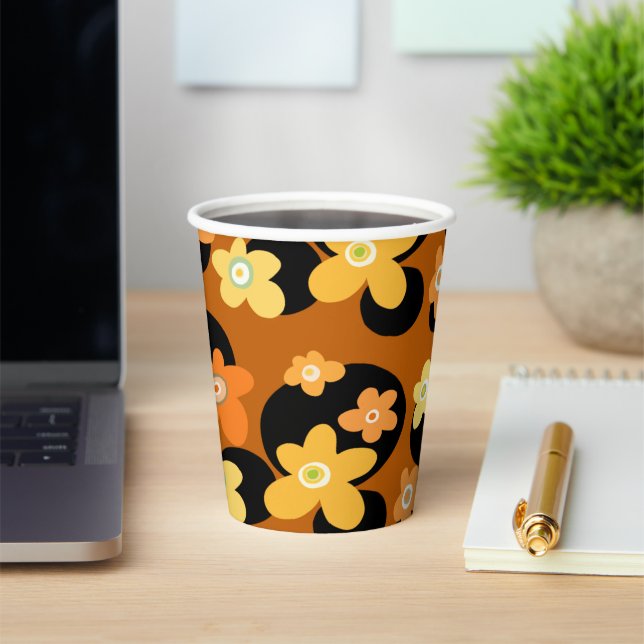 Brown floral pattern coffee mug paper cups (Insitu)