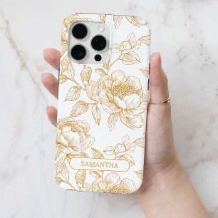 Brown Floral Personalised Name Flower Line Art iPhone 15 Pro Max Case