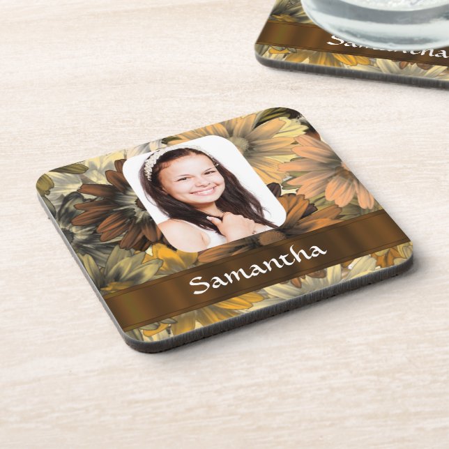Brown floral photo template coaster (Left Side)