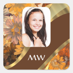 Brown floral photo template square sticker