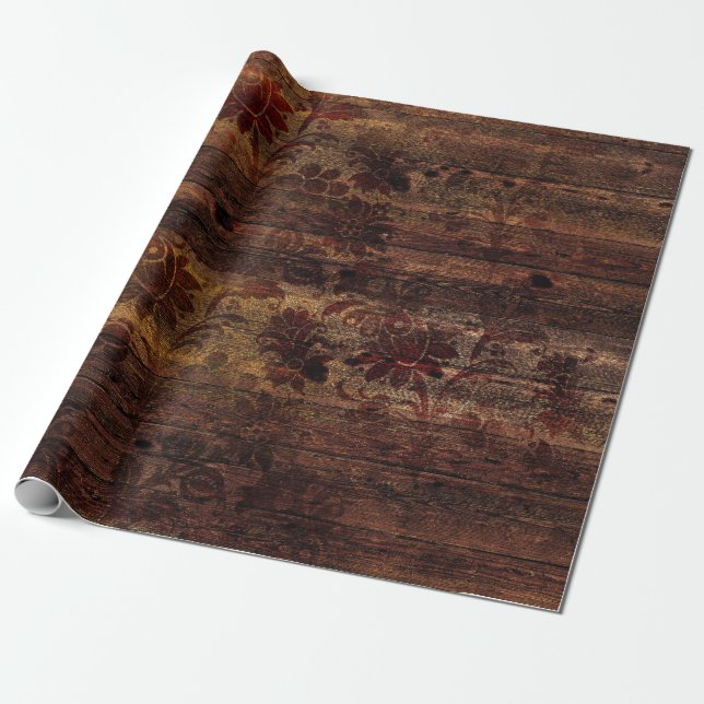 Brown Floral Rustic Wood Wrapping Paper (Unrolled)