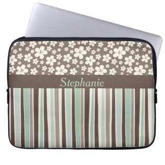 Brown Floral Stripe Personalised Laptop Sleeve