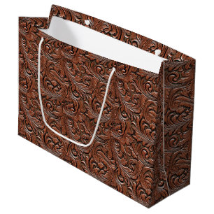 Brown floral tooled embossed leather western large gift bag