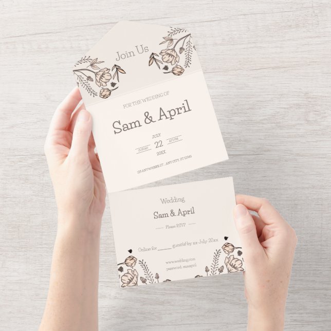 Brown Floral Wedding Theme All In One Invitation (Tearaway)