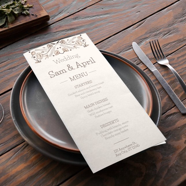 Brown Floral Wedding Theme Menu (Let your wedding dinner menu card speak more about your theme)