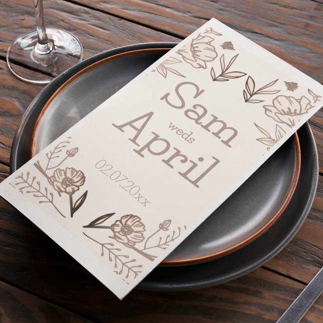 Brown Floral Wedding Theme Napkin (Guest towel with a bride and groom name )