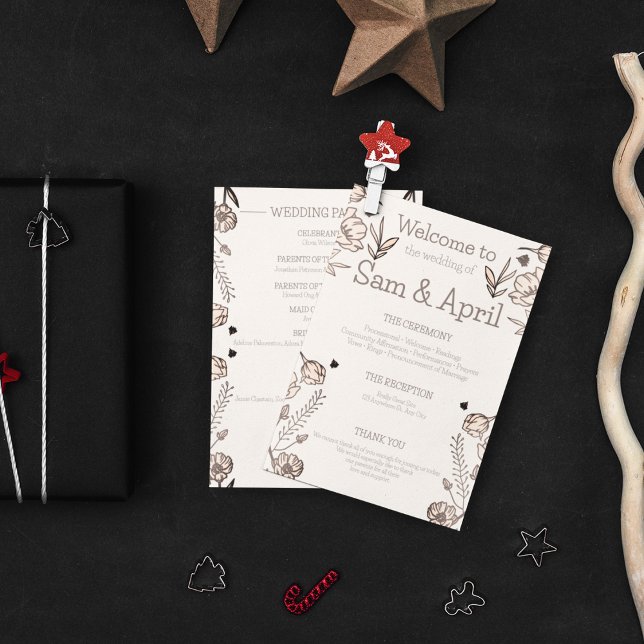 Brown Floral Wedding Theme Program (Wedding ceremony detailed card in your wedding theme)