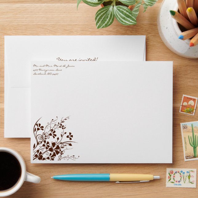Brown Flower Swirl Wedding Envelopes (Desk)