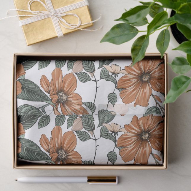 Brown flowers and green leaves pattern tissue paper (Gift)