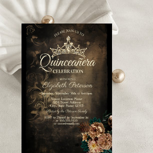 Brown Flowers Damask Dark Gothic Quinceañera  Invitation