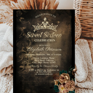 Brown Flowers Damask Dark Gothic Sweet 16 Invitation