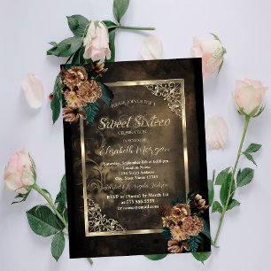 Brown Flowers Gold Frame Gothic Sweet 16 Invitation