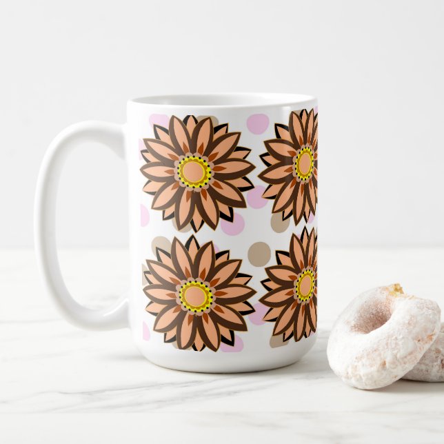 Brown Flowers pink Polka dot Floral pattern    Coffee Mug (With Donut)