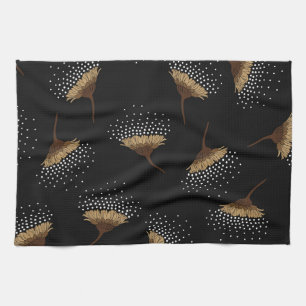 Brown flowers, seamless black background. tea towel