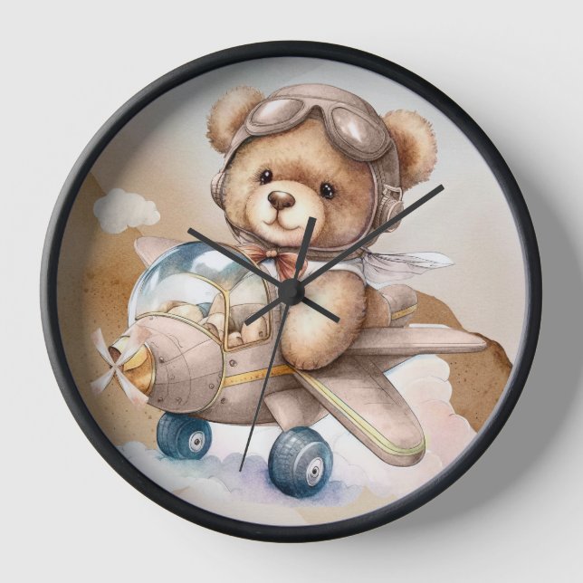 Brown flying teddy bear clock  (Front)