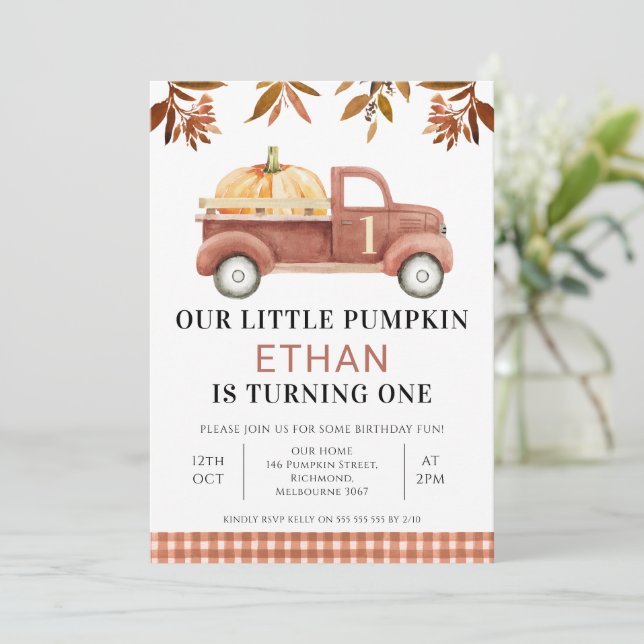 Brown Foliage Little Pumpkin Truck Birthday  Invitation (Standing Front)