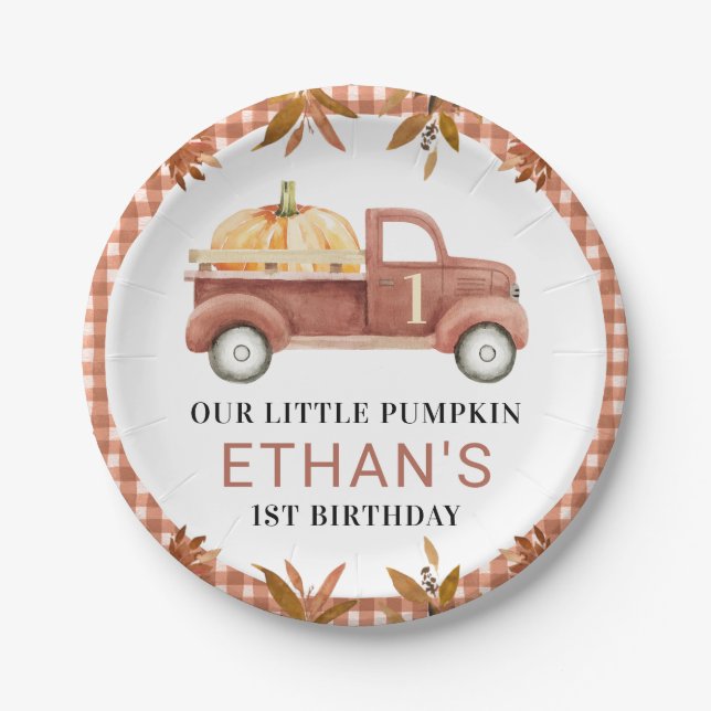 Brown Foliage Little Pumpkin Truck Birthday Paper Plate (Front)