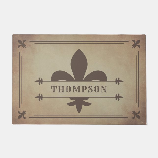 Brown Foxed Edges Fleur de Lis Custom Name Doormat (Front)