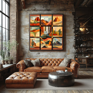 Brown Framed Desert Art Grid – Geometric Landscape Poster