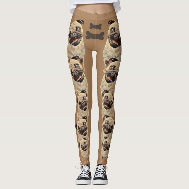 Brown Fun and Funky Pastel Pug Dog Leggings (Front)