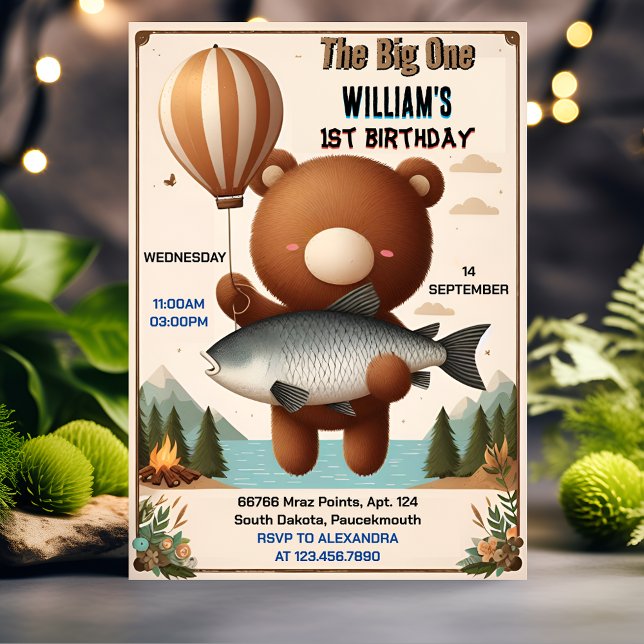 Brown Fun Fish Boy Cute Baby Bear 1st Birthday Invitation (Creator Uploaded)