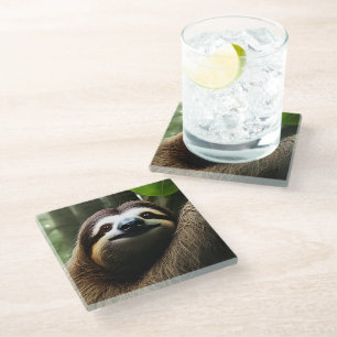 Brown Fuzzy Sloth, Photo Block Glass Coaster