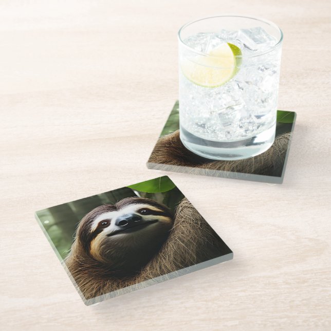 Brown Fuzzy Sloth, Photo Block Glass Coaster (Angled)