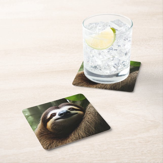 Brown Fuzzy Sloth, Photo Block Square Paper Coaster (Insitu)