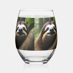 Brown Fuzzy Sloth, Stemless Wine Glass