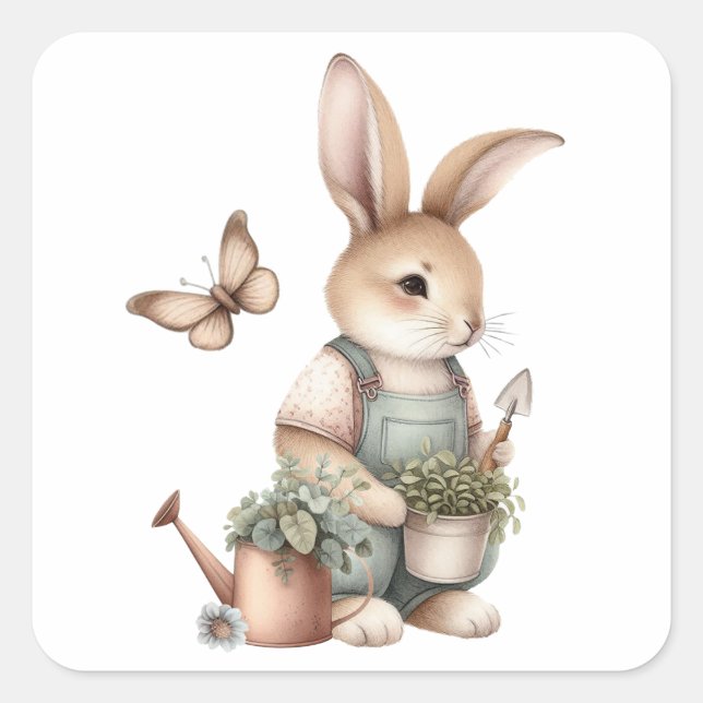 Brown Garden Bunny in Overalls Square Sticker (Front)