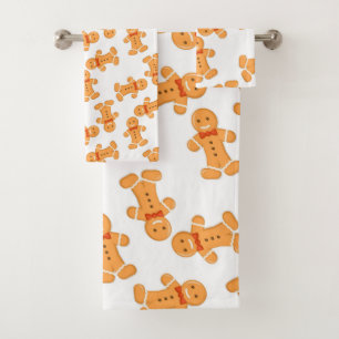 Brown gingerbread man on white bath towel set