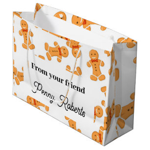Brown gingerbread man on white large gift bag