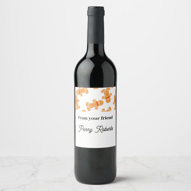 Brown gingerbread man on white wine label (Front)