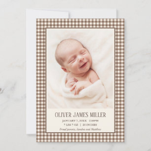 Brown Gingham Baby Birth Announcement Photo Card