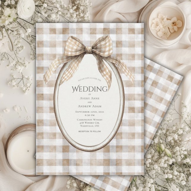Brown Gingham Bow Frame Vintage Wedding Invitation (Creator Uploaded)