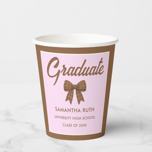 Brown Gingham Bow Graduation Party Paper Cups (Front)