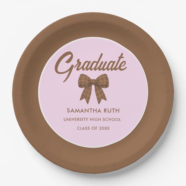 Brown Gingham Bow Graduation Party Paper Plate (Front)