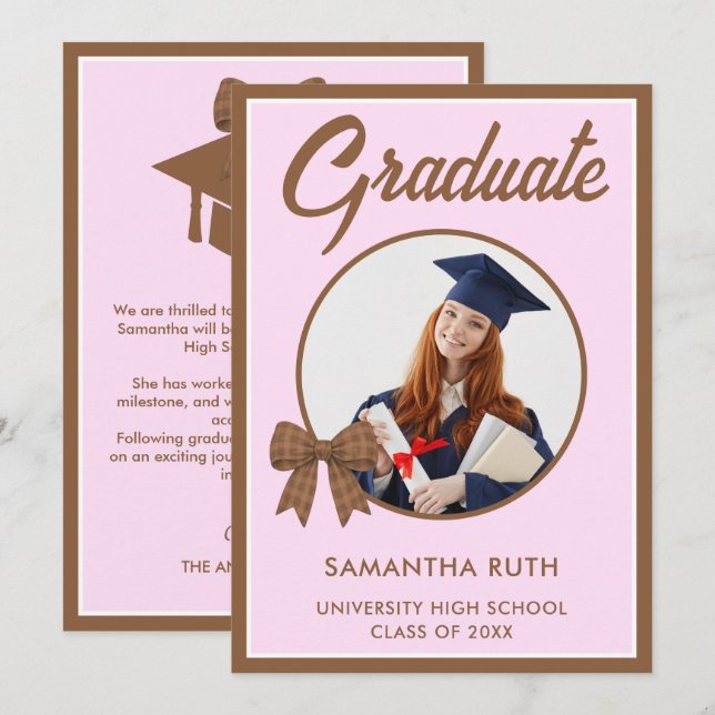 Brown Gingham Bow Photo Graduation Announcement (Front/Back)