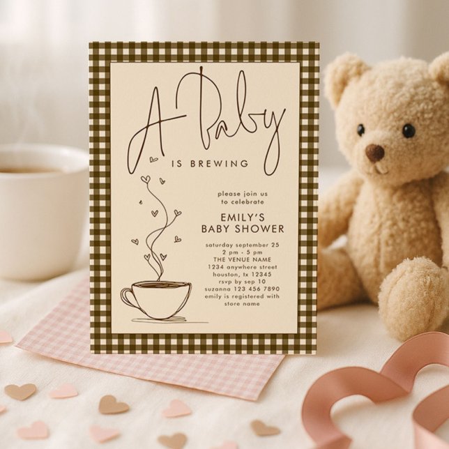 Brown Gingham Coffee Baby is Brewing Shower  Invitation (Creator Uploaded)