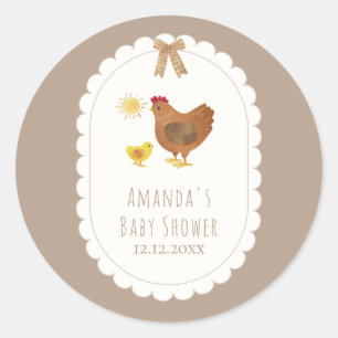 Brown Gingham Cottagecore Hen Chick Baby Shower  Classic Round Sticker