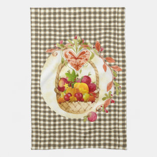 Brown Gingham  Fall Harvest Basket Tea Towel