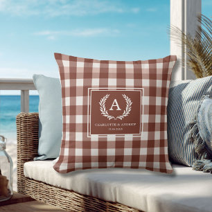 Brown Gingham Monogram Crest Cushion