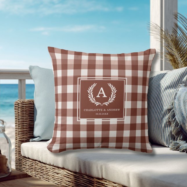 Brown Gingham Monogram Crest Cushion (Brown Gingham Monogram Crest Throw Pillow)