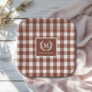 Brown Gingham Monogram Crest Custom Paper Plate