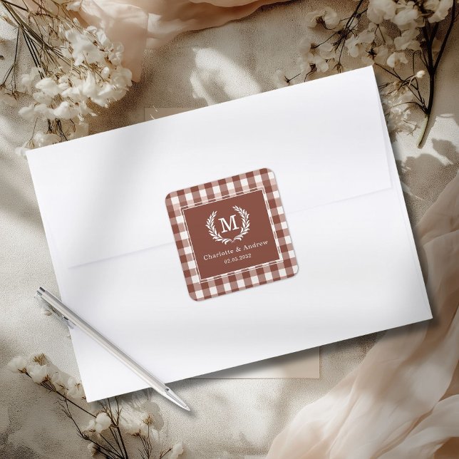 Brown Gingham Monogram Crest Custom Square Sticker (Brown Gingham Monogram Crest Custom Square Sticker)