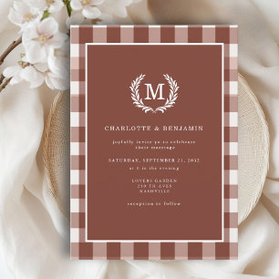 Brown Gingham Monogram Crest  Invitation